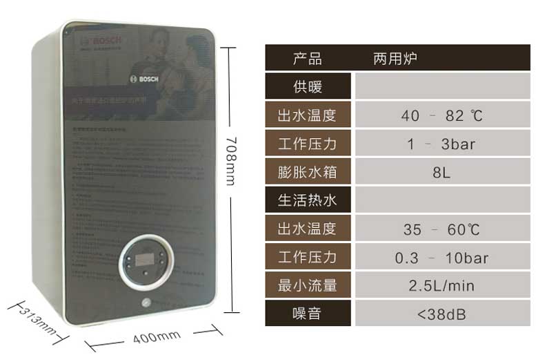 博世盖世7200i-24千瓦燃气壁挂炉安装尺寸和产品技术参数如下;